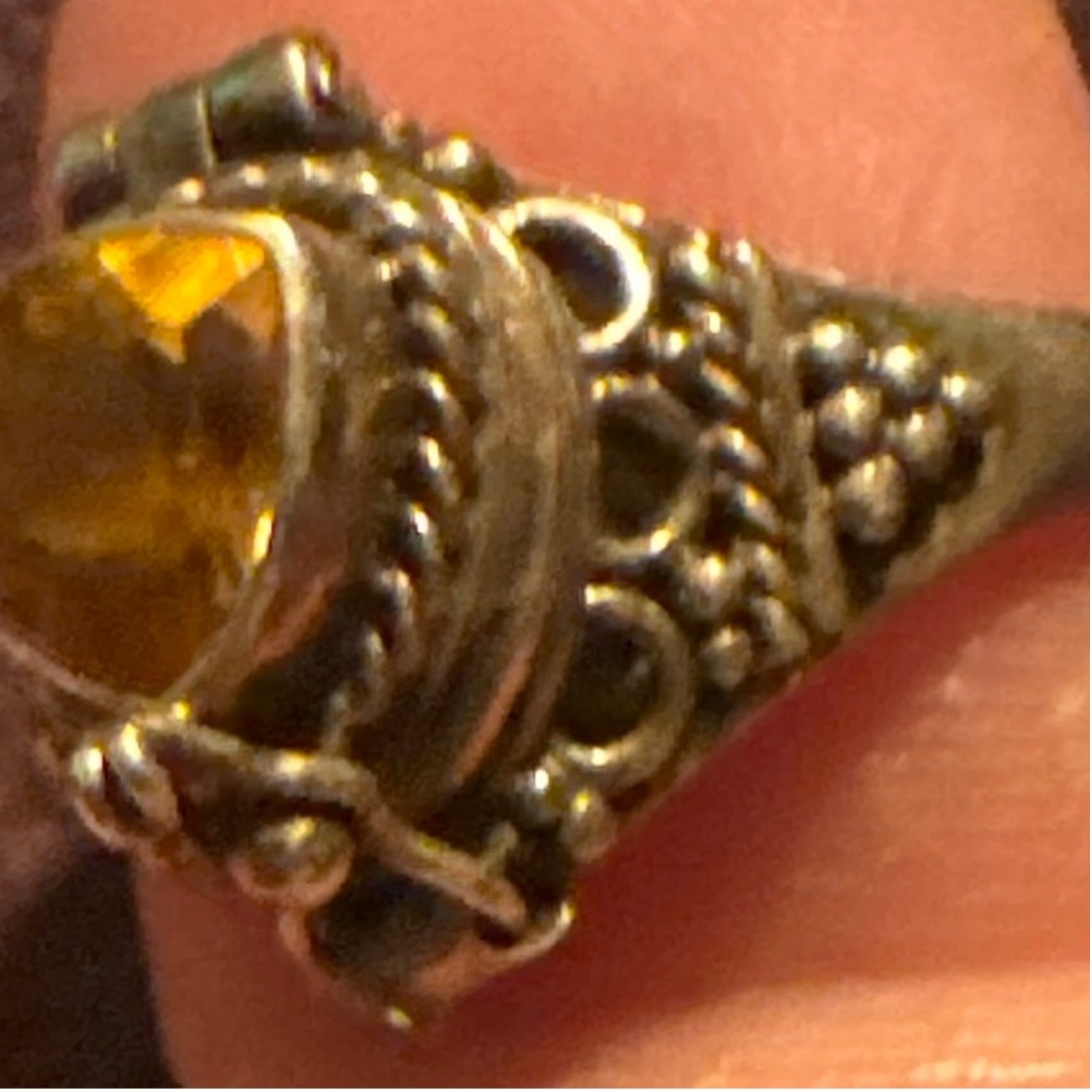 Vintage Silver Ring with Yellow Gemstone/ they used to call it a poison ring.